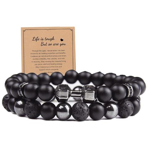 Set Di Braccialetti In Pietra Vulcanica E Ematite Nera Opaca - Gioielli Elasticizzati Con Perline (2 Pezzi) - Foto 1