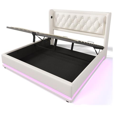 Letto Con Testiera Capitonné, Contenitore Idraulico E Luci Led - Foto 3