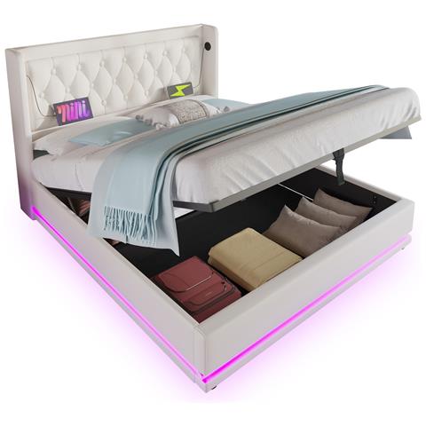 Letto Con Testiera Capitonné, Contenitore Idraulico E Luci Led - Foto 1