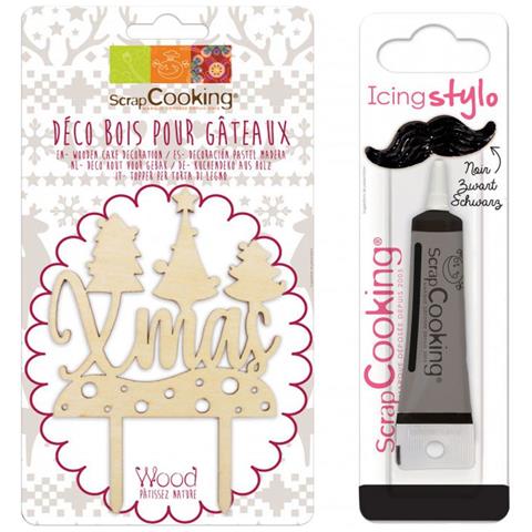 Cake Topper In Legno Natale Xmas + Penna Per Glassa Nera - Foto 1