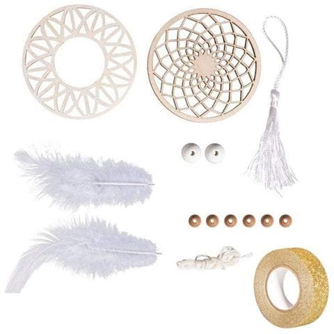Kit Acchiappasogni 26 Cm Disco In Legno Ø 7 Cm, Perle, Spago, Piume + Washi Tape Dorato 5 M - Foto 1