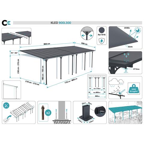 Pergola Addossata /posto Auto Coperto 27m² Kleo 900l300 Grigio Alluminio - Foto 7