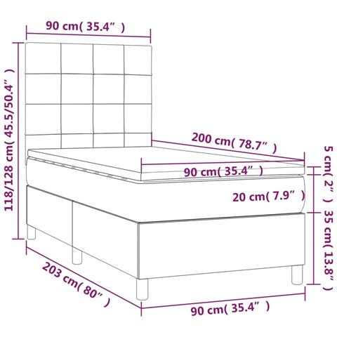 Letto a Molle con Materasso e LED Blu Scuro 90x200cm in Velluto - Foto 8