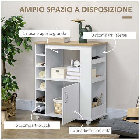Carrello da Cucina con Armadietto e Ripiani Regolabili, Ruote Girevoli e Freno, 75x39.5x88 cm, Bianco - Foto 6