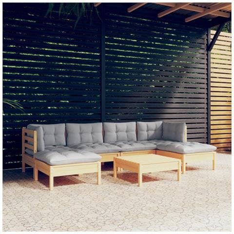 Set Divani Da Giardino 7 Pz Con Cuscini Grigi Massello Di Pino - Foto 1