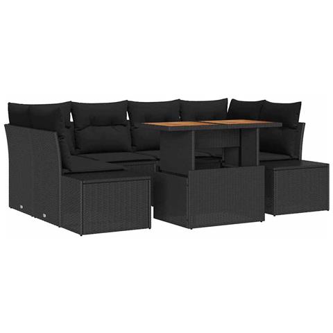 Set da Pranzo da Giardino 7 Pezzi con Cuscini in Rattan Ploy Neri e Acacia - Foto 1