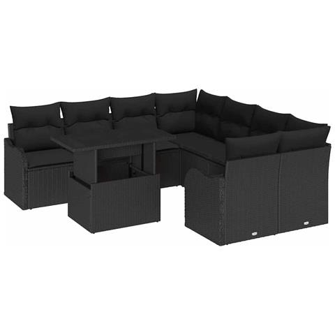 Set di Divani da Giardino  9 Pezzi con Cuscini Rattan Polietilene Nero, Divano da Giardino  a Due Posti con Cuscini Rattan Polietilene Nero - Foto 1