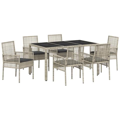 Set da pranzo da giardino 7 pezzi con cuscini grigio chiaro in polyrattan - Foto 1