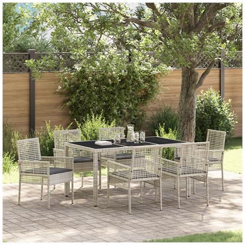 Set da pranzo da giardino 7 pezzi con cuscini grigio chiaro in polyrattan - Foto 2