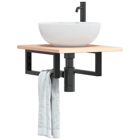 Ripiano a Parete per Lavabo in Acciaio e Massello di Rovere - Foto 2