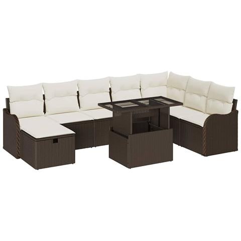 Set Divano da Giardino con cuscino 9 pcs Marrone Poly Rattan - Foto 1