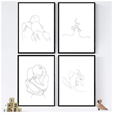 Set Di 4 Stampe Lamini Di Disegni E Schizzi A Una Linea Coppie E Amore Poster Nordico Dei Volti Nudi Corpi Al Naturale Tavolo Senza Cornice A3 - Foto 1