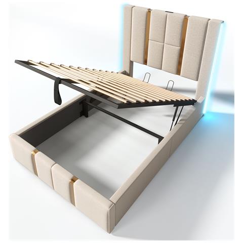 Letto Singolo Con Illuminazione Led E Ricarica Usb In Lino Beige - Foto 2