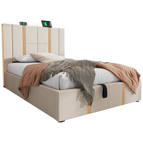 Letto Singolo Con Illuminazione Led E Ricarica Usb In Lino Beige - Foto 1