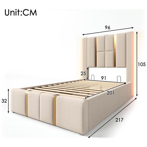 Letto Singolo Con Illuminazione Led E Ricarica Usb In Lino Beige - Foto 3