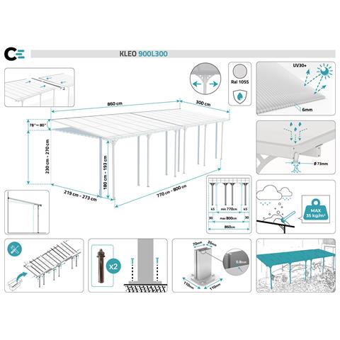 Pergola Addossata/posto Auto Coperto 27m² Kleo 900l300 Alluminio Bianco - Foto 7