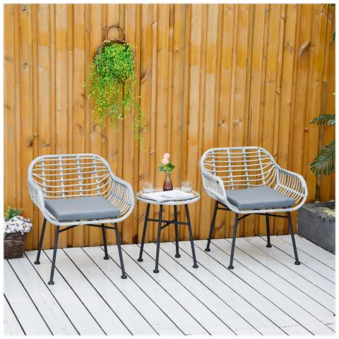 Set Mobili Da Giardino In Rattan Pe Con 2 Sedie E Tavolino Con Ripiano In Vetro, Grigio - Foto 6