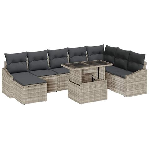Set di Divani da Giardino 9 Pezzi con Cuscini Grigio Chiaro in Polyrattan - Foto 1