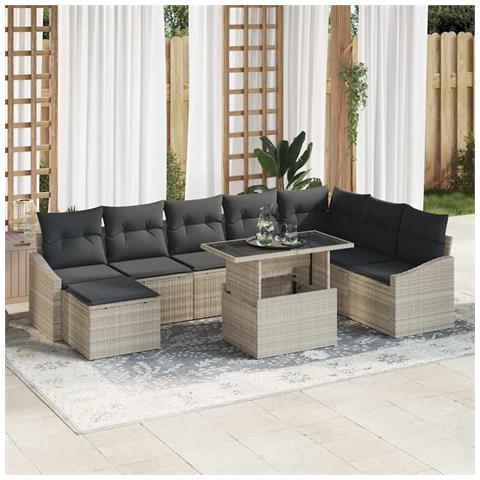 Set di Divani da Giardino 9 Pezzi con Cuscini Grigio Chiaro in Polyrattan - Foto 2