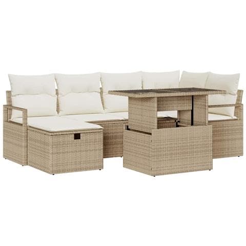 Set Divano da Giardino 7 Pezzi con Cuscini Beige Rattan Polimerico, Divano da Giardino 2 Posti con Cuscini Beige Rattan Polimerico - Foto 1