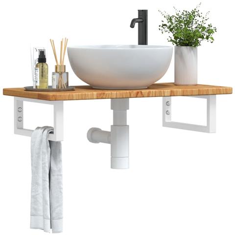 Ripiano a Parete per Lavabo in Acciaio e Massello di Rovere - Foto 2