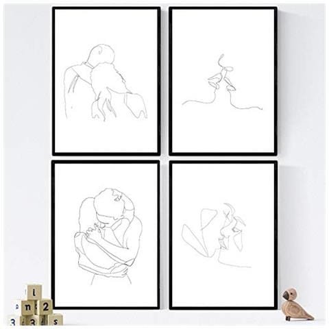 Set Di 4 Stampe Lamini Di Disegni E Schizzi A Una Linea Coppie E Amore Poster Nordico Dei Volti Nudi Corpi Al Naturale Tavolo Cornice Nera A4 - Foto 1