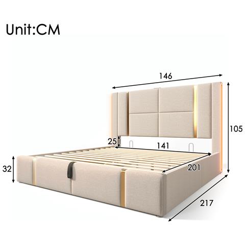 Letto Matrimoniale Con Ricarica Usb E Linee Dorate In Lino Beige - Foto 2