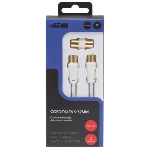 Cavo Tv - Maschio / Maschio - 9,52 Mm - Bianco - 2 M + Adattatore Femmina - Foto 2