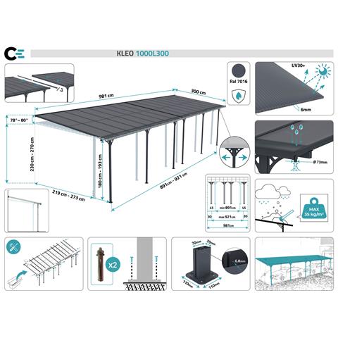Pergola Addossata /posto Auto Coperto 30m² Kleo 1000l300 Grigio Alluminio - Foto 7