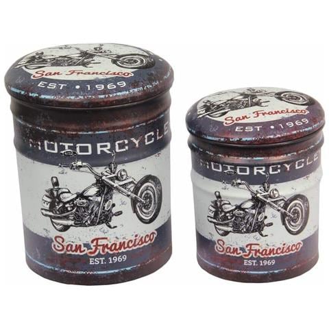 Set 2 Pouf Contenitori Da Interno Rivestiti In Ecopelle Con Seduta Imbottita E Grafica Moto Linea Industrial - Lightgray - Foto 1