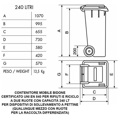 Bidone Per La Raccolta Differenziata Grande 240 Lt Bianco Condominio Hotel Ristoranti Certificato Uni En 840 Per Rifiuti E Riciclo - Foto 2