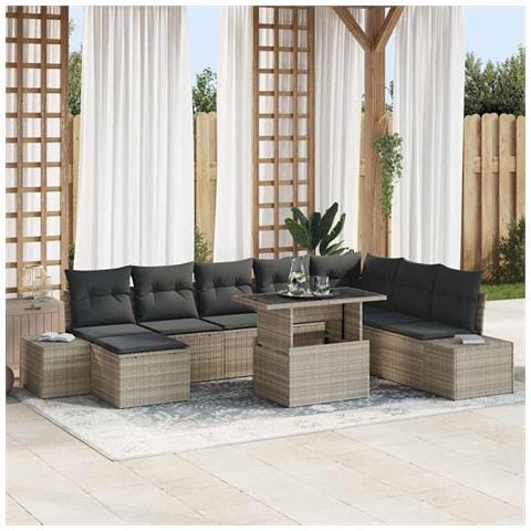 Set di divani da giardino 9 pezzi con cuscini grigio chiaro in polyrattan - Foto 2