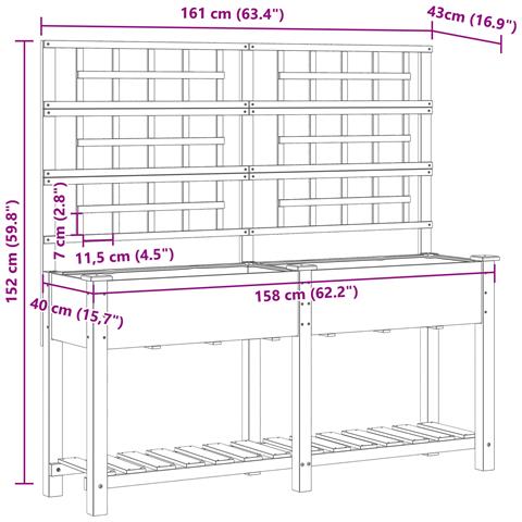 Vaso da Giardino  con Trellis e Ripiano 161x43x152 cm in Legno Massello di Pino - Foto 9
