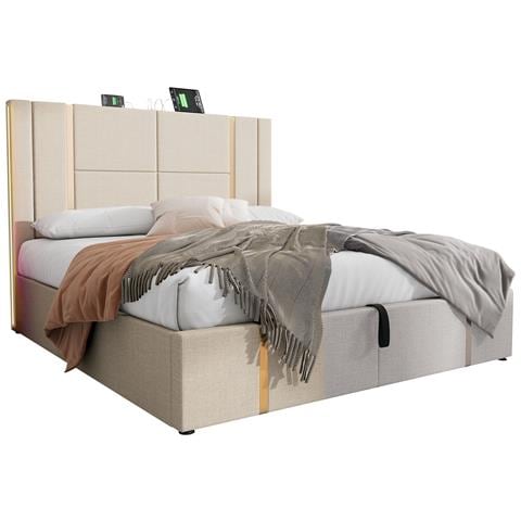 Letto Matrimoniale Con Ricarica Usb E Design Moderno In Lino Beige - Foto 1