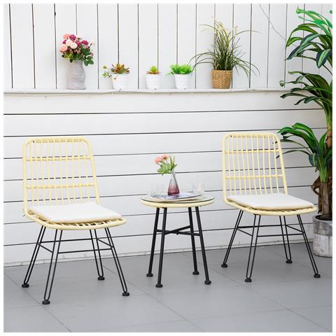 Set Mobili Da Giardino 3 Pezzi Con Tavolino E Sedie In Rattan Pe, Poilestere E Acciaio Per Esterni, Crema - Foto 2