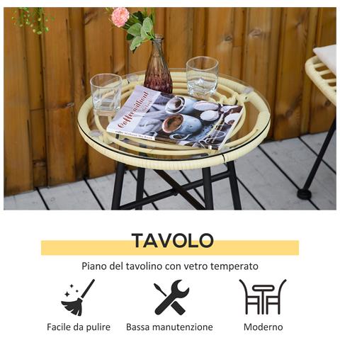 Set Mobili Da Giardino 3 Pezzi Con Tavolino E Sedie In Rattan Pe, Poilestere E Acciaio Per Esterni, Crema - Foto 6