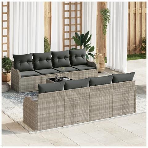 Set di Divani da Giardino  9 Pezzi Grigio Chiaro Rattan Poliestere, Divano da Giardino  2 Posti Grigio Chiaro Rattan Poliestere - Foto 2