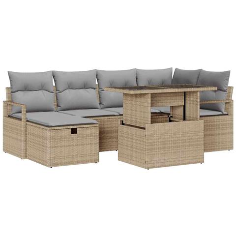 Set Divano da Giardino 7 Pezzi con Cuscini Beige Rattan Polyrattan, Divano da Giardino 2 Posti con Cuscini Beige Rattan Polyrattan - Foto 1