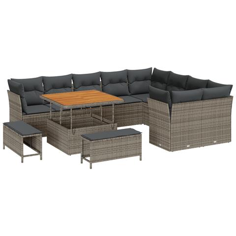 Set Divano Giardino 12 Pezzi con Cuscini Grigio Rattan Acacia, Set da Pranzo Giardino 3 Pezzi con Cuscini Grigio Rattan Acacia - Foto 1