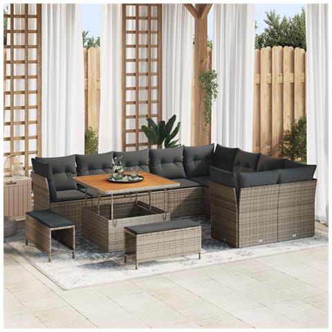 Set Divano Giardino 12 Pezzi con Cuscini Grigio Rattan Acacia, Set da Pranzo Giardino 3 Pezzi con Cuscini Grigio Rattan Acacia - Foto 2