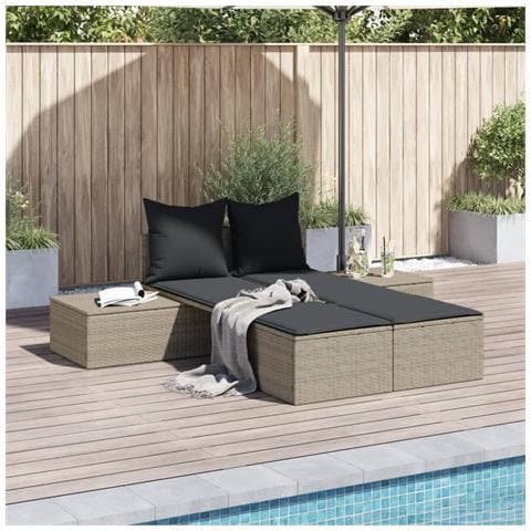 Lettino Prendisole Doppio con Cuscini Grigio Chiaro Polyrattan - Foto 2