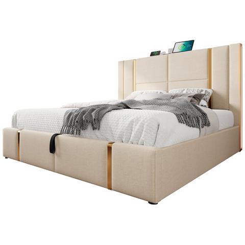 Letto Matrimoniale Elegante Con Ricarica Usb E Design In Lino Beige - Foto 1