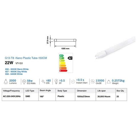 Neon A Led Tubo 150 Cm 22w G13 T8 Samsung Luce Calda 3000k V Tac Vt-151 656 - Foto 2