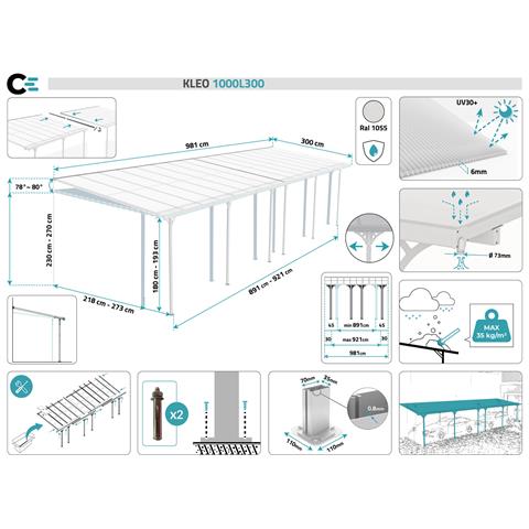 Pergola Addossata /posto Auto Coperto 30m² Kleo 1000l300 Alluminio Bianco - Foto 7
