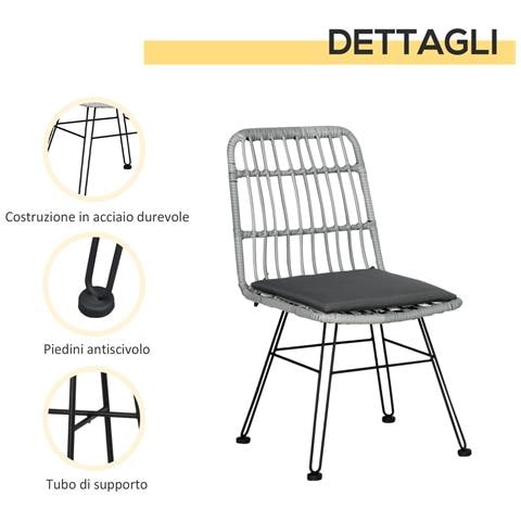 Set Mobili Da Giardino 3 Pezzi Con Tavolino E Sedie In Rattan Pe, Poilestere E Acciaio Per Esterni, Grigio - Foto 2