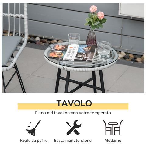 Set Mobili Da Giardino 3 Pezzi Con Tavolino E Sedie In Rattan Pe, Poilestere E Acciaio Per Esterni, Grigio - Foto 6