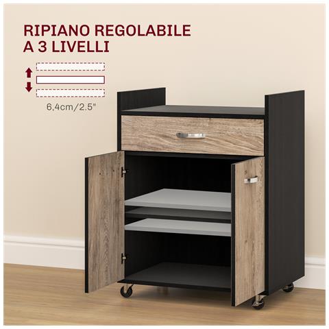 Carrello da Cucina con Cassetto, Armadietto e 4 Ruote in Legno, 60x40x77cm, Nero - Foto 2