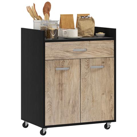 Carrello da Cucina con Cassetto, Armadietto e 4 Ruote in Legno, 60x40x77cm, Nero - Foto 1