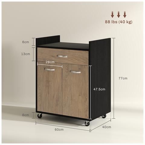 Carrello da Cucina con Cassetto, Armadietto e 4 Ruote in Legno, 60x40x77cm, Nero - Foto 6