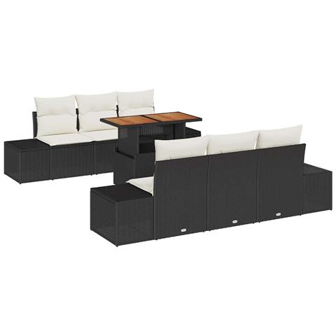 Set da pranzo da giardino 7 pezzi con cuscini in rattan polietilene nero e acacia - Foto 1